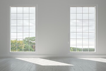 modern room with big white windows and natural background in it interior design. 3D illustration