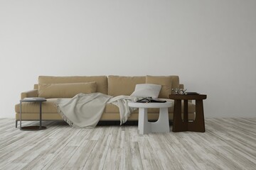 modern room with sofa and table with furniture interior design. 3D illustration