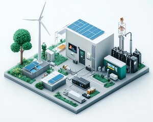 Futuristic isometric 3D render of a smart power system integrating wind energy