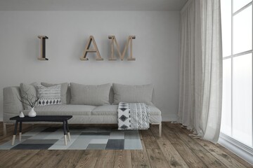modern room with sofa, pillows, plaid, carpet, table with vases on it and curtains interior design. 3D illustration