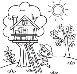 A big tree hut and a child running with sun in the sky. Kids coloring pages line art vector design.