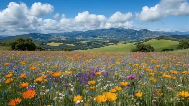 Flower meadow with colorful blooms and blue sky
