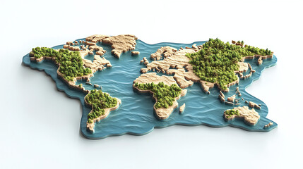 3D World Map with Terrain and Forests on White Background — Environmental Geography Illustration