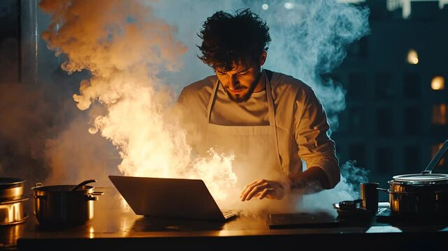 Chef struggles with a fiery laptop issue in the kitchen while attempting to cook