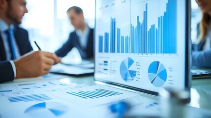 35. Business team attending a workshop on asset management, with financial graphs and data displayed on the screen