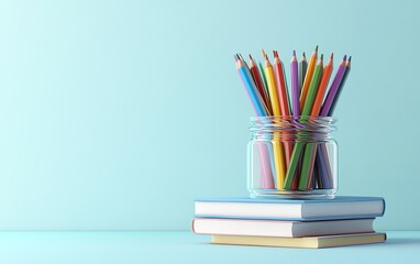 Fototapeta premium Books stacked with a jar of colorful pencils on top, isolated on white background Concept of education and learning 3D Rendering