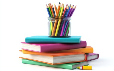 Fototapeta premium Books stacked with a jar of colorful pencils on top, isolated on white background Concept of education and learning 3D Rendering