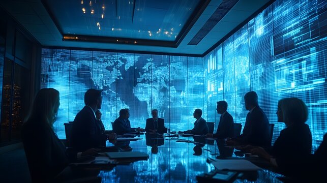 48. Group of professionals discussing portfolio budget adjustments in a modern conference room with digital projections
