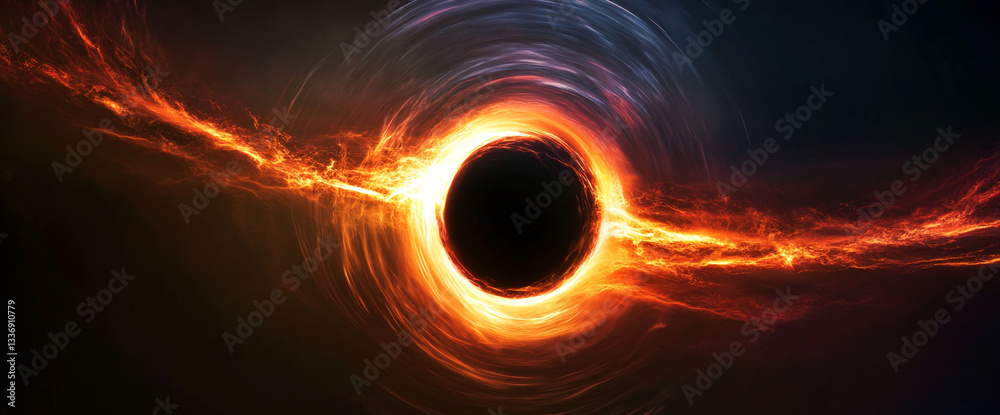 Poster fiery orange and red swirl encircling a black hole, creating a dynamic and intense visual, represent