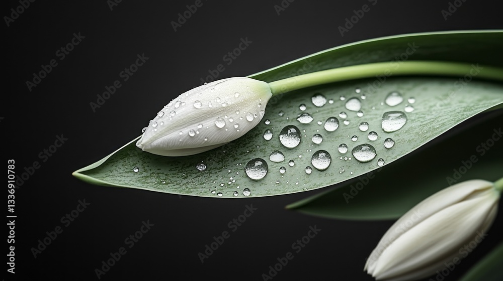 Poster delicate water droplets rest on a vibrant green tulip leaf, enhancing the leaf's texture and shape. 