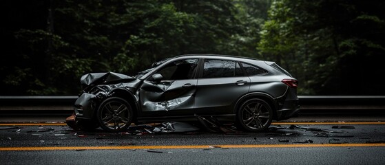 Damaged car on highway accident scene with trees in background