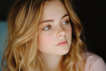 Fototapeta premium Thoughtful Young Woman with Blonde Hair and Natural Makeup