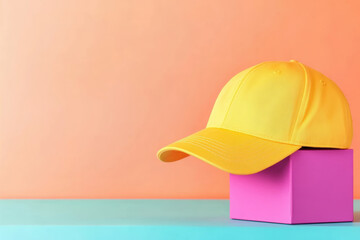 Fototapeta premium Yellow Cap on Pink Box with Pastel Orange and Blue Background Vibrant Fashion Accessory Display