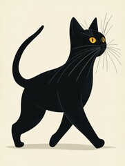 Obraz premium A striking black cat strides confidently with its tail held high. Its bright yellow eyes stand out against a soft light backdrop, showcasing its sleek silhouette and playful demeanor
