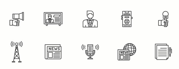 Press and Media line Icon Set. Corporate, professional, concept, article, megaphone, television, radio, newspaper  . Vector Illustration.
