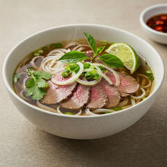 Served in a deep bowl, the flavorful pho was garnished with fresh cilantro and scallions.