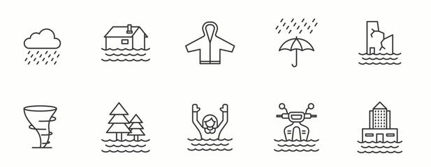Flood line Icon Set. Disaster, nature, climate, environment, weather, rain, danger, emergency, . Vector Illustration.