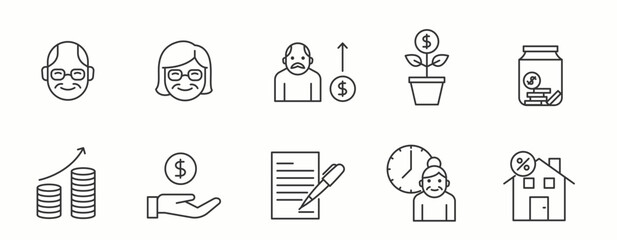 Pension line Icon Set. Office, government, aid, support, benefit, payment, economy, insurance, health, care . Vector Illustration.