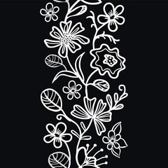 Seamless trailing white lines floral stripe on a black background. Hand drawn abstract botanical design with daisies, lilies, and wildflowers.
