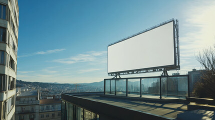 Obraz premium A large blank billboard stands on a rooftop, overlooking a cityscape with residential buildings, mountains in the distance, and a clear