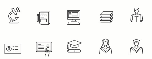 University line Icon Set. Graduation, book, teacher, classroom, academic . Vector Illustration.