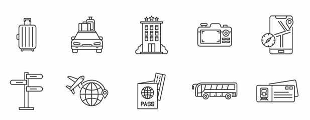 Tour and Travel line Icon Set. Journey, map, navigation, adventure, suitcase . Vector Illustration.