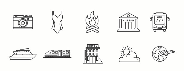 Tour and Travel line Icon Set. Landmark, holiday, vacation, hotel, . Vector Illustration.
