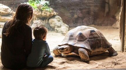 Mother and Child Observing a Tortoise at the Zoo Slowly Moving