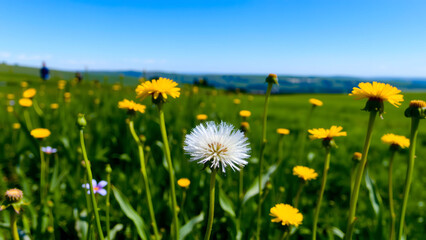 Common Dandelion blowball close up in green background