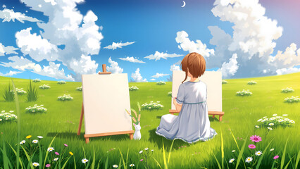 young artist painting an autumn landscape in the green field