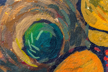 Abstract background closeup of a painting with brushstrokes. Rough art paint smear. Large multicolor spots of brush strokes and palette knife on the canvas