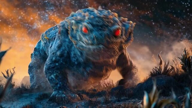 Seekor katak biru besar dengan mata merah berdiri di padang rumput. Gerakan berulang yang halus untuk animasi video latar belakang