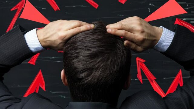 A businessman stands with hands on his head, pondering growth trends depicted by vibrant red arrows against a dark background, symbolizing motivation and success.