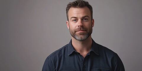 Fototapeta premium Confident Man with Beard in Casual Attire Against Neutral Background