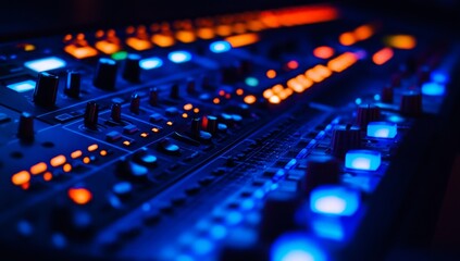 Professional audio mixing console in use.  Brightly lit controls and faders create a dynamic look