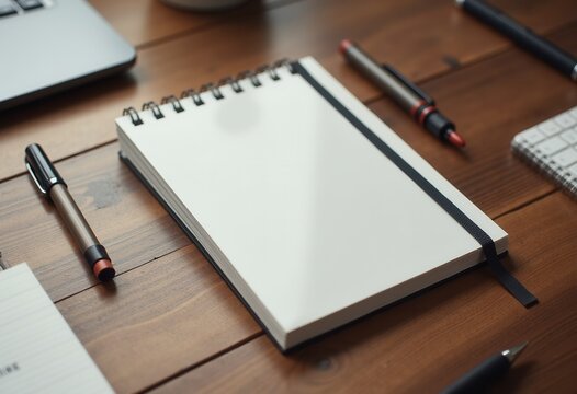 Blank spiral notebook mockup on wooden desk with pens