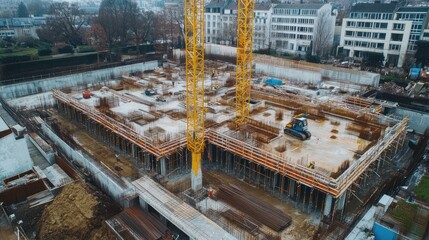 Fototapeta premium Aerial view of construction site with crane and machinery. Possible use for construction and architecture stock images