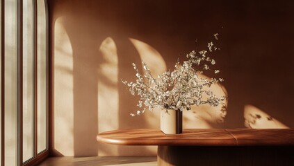 Soft light, natural tones, modern interior, elegant vase, blossoming branches