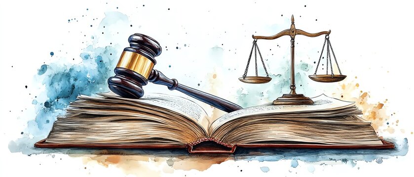 Watercolor art of a gavel resting on an open law book with the scales of justice, evoking themes of justice, fairness, and legal authority