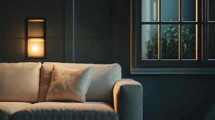 Close-up of a comfortable sofa against a dark grey wall background next to a window. Off-white colored sofa in a living room.