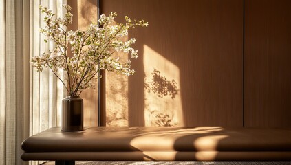 Soft sunlight filters through a window, illuminating a delicate arrangement of spring blossoms on a  brown leather surface