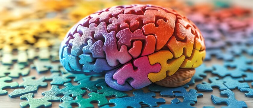 A brain filled with vibrant colors and surrounded by puzzle pieces, evoking themes of problemsolving, intellect, and cognitive growth