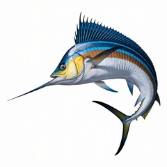 Illustration of a Marlin Fish with a Streamlined Body and Yellow Stripe on a White Background.