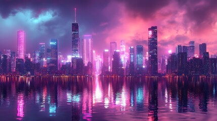 Fototapeta premium Neon Cityscape Reflection: A futuristic metropolis at night, shimmering with vibrant pink and blue lights, its reflection perfectly mirrored in the tranquil waters below. A breathtaking panorama.
