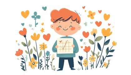 A joyful boy holding a checkmarked paper, surrounded by colorful hearts and blooming flowers, symbolizing positivity and accomplishment