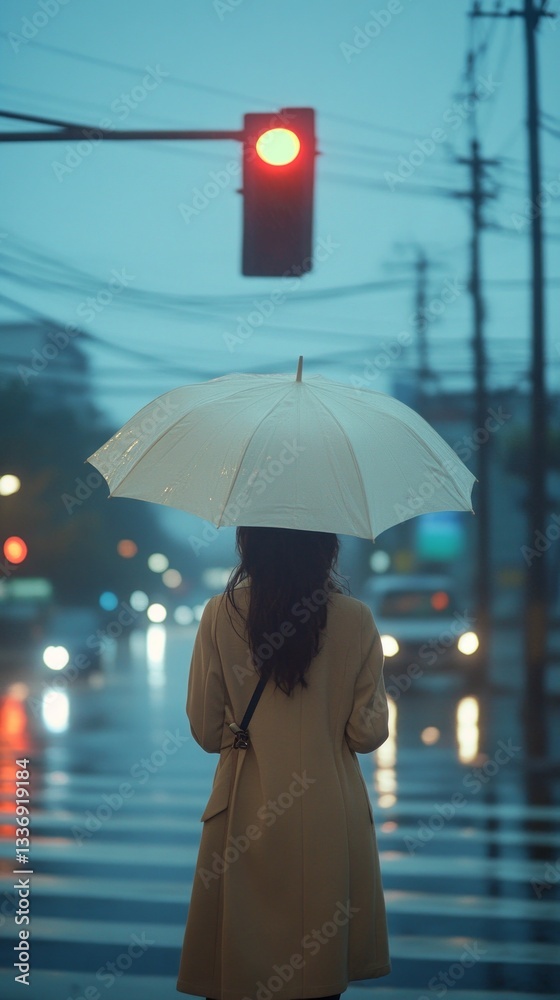 Poster raindrops cascade as a woman in a light coat stands at a traffic signal, clutching a white umbrella.