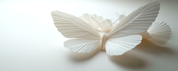 A delicate white butterfly sculpture, featuring intricate paper-like wings elegantly posed on a minimalist background, symbolizing purity and transformation.