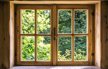 Rustic wooden window overlooking a lush green garden