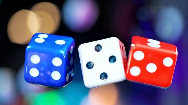Dynamic shot of colorful dice in mid-roll, showcasing vibrant colors against a blurred background, symbolizing luck and chance in gaming activities.