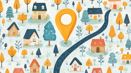A whimsical, pastelcolored map with houses, trees, and a large location pin, ideal for navigation and adventurethemed artwork